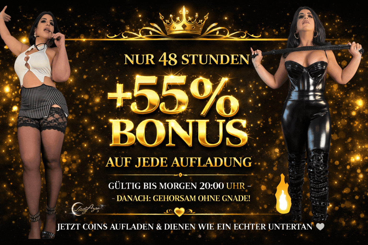 Banner mit 55 Prozent Bonus auf die nächste Coin-Aufladung auf der Website von Lady Ayse