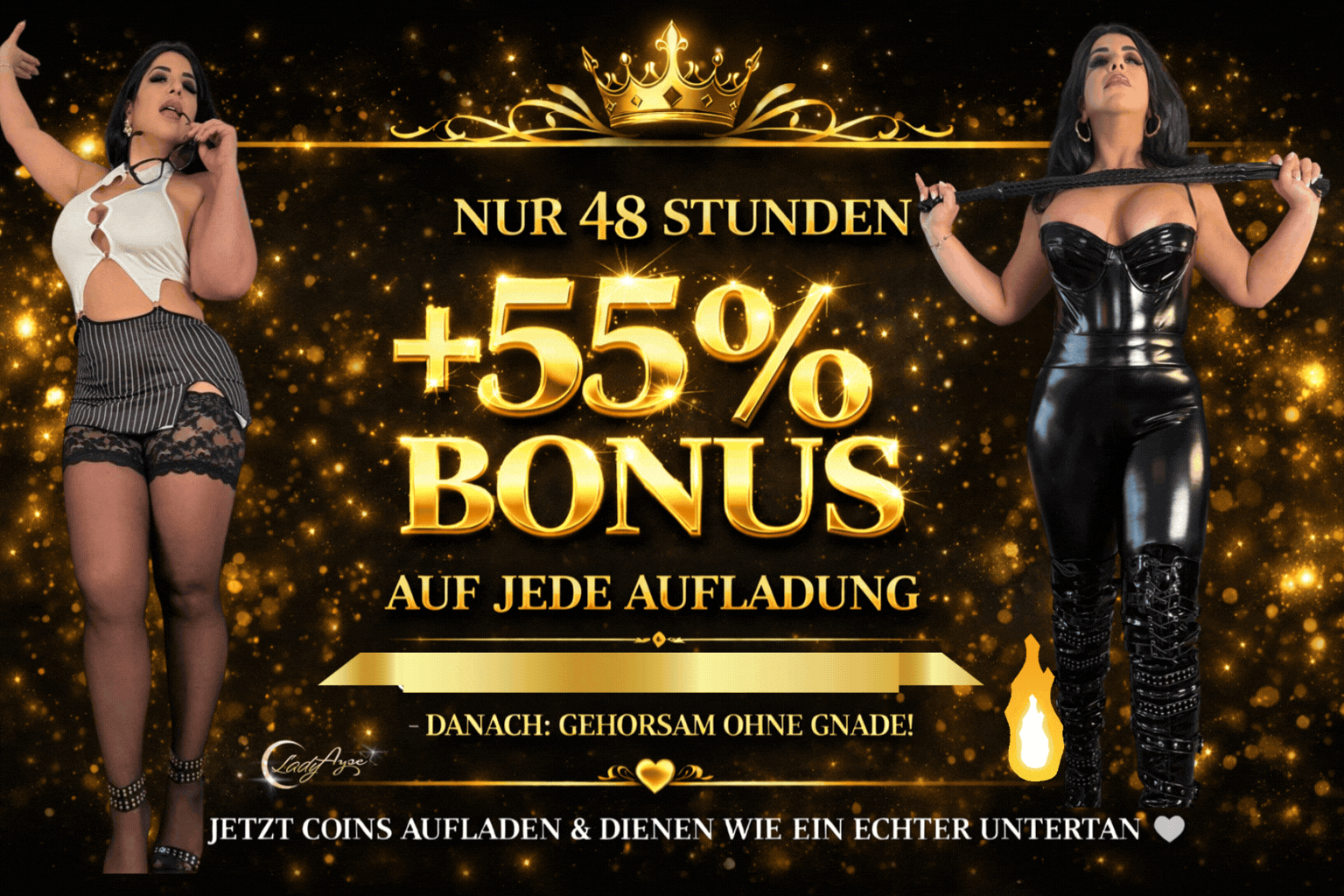 Lady Ayse bietet 55 Prozent Bonus auf jede Aufladung für 48 Stunden ? dominanter Gold-Schwarz-Banner mit exklusiver Aktion für Sklaven und Zahlschweine