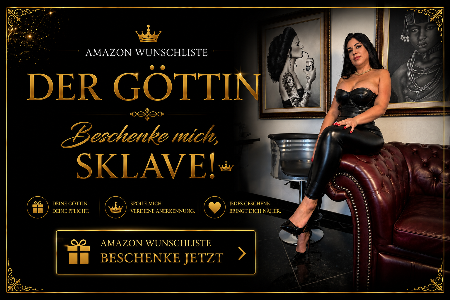 Schwarz-goldener Banner zur Amazon Wunschliste von Lady Ayse für devote Sklaven und Zahlschweine, die ihrer Herrin Geschenke machen wollen.